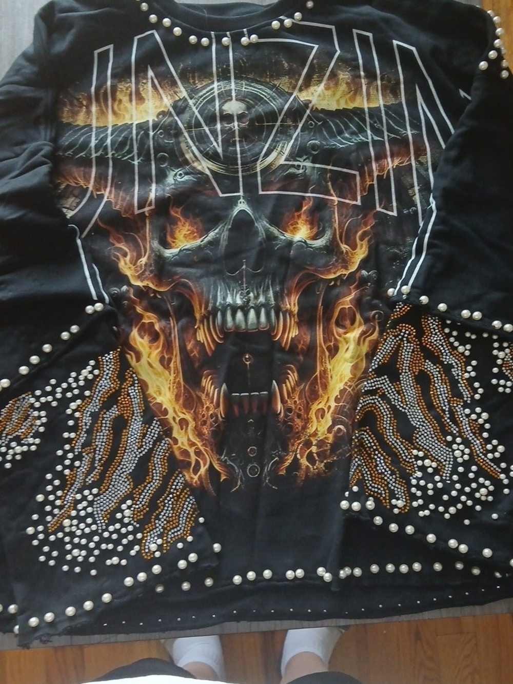 2XL Gunzinii Black Men's Graphic Skull Flame Studded Long Sleeve Shirt